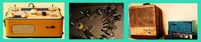 Links een soortgelijke bandrecorder die door Frans van diverse koppen werd voorzien (midden) en via een "eindloze tape" in een echo machine veranderde.