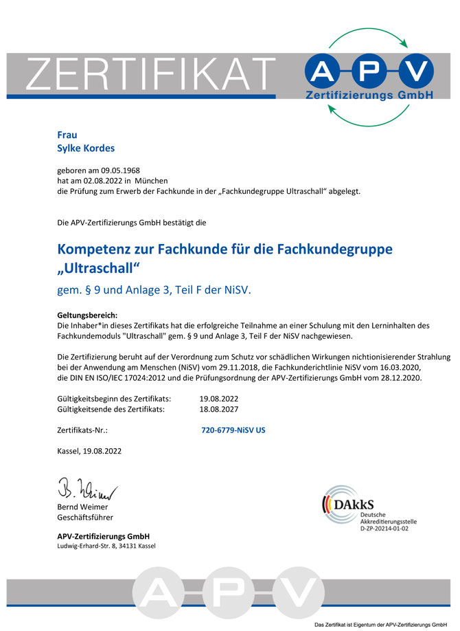 Zertifikat NiSV Sylke Kordes, Sylke Kordes, Kosmetikstudio Erzgebirge, Kosmetikstudio Annaberg, Ultraschall, Ultraschallbehalndlung, Ultraschall Kosmetik, APV Zertifikate