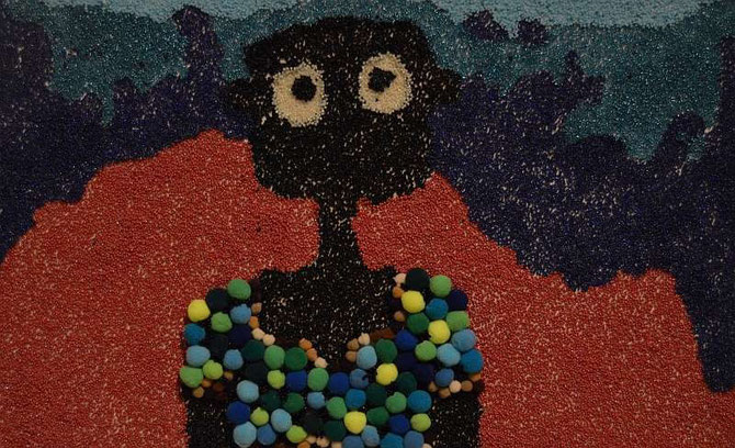 NALA feeling cold, made by Selma Iipinge. Beads on Hardboard.