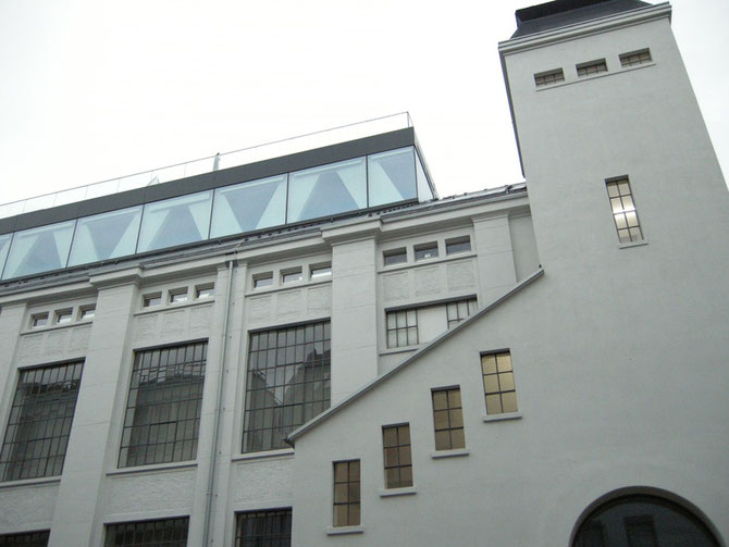 Das Ausstellungsgebäude in Düsseldorf-Oberkassel, auf dem Dach, in dem Glaspavillon, befindet sich das Privat-Loft der Sammlerin.