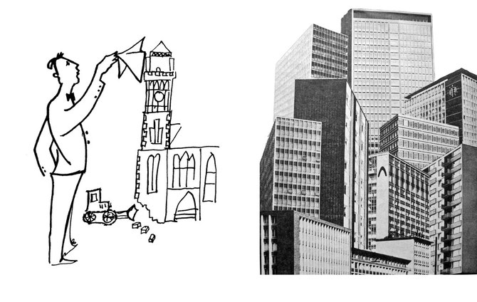 Man weinte dem alten Rathaus keine Träne nach und feierte Essens Hochhäuser wie in dieser Montage als "Perlen in der Stadtkrone" (Quelle: Essener Bürgerillustrierte Juni 1969)