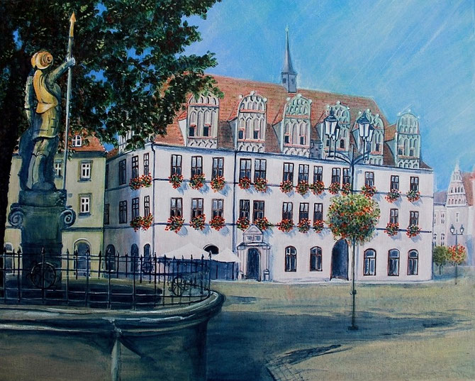 Naumburger Rathaus mit Brunnen und Wenzelfigur