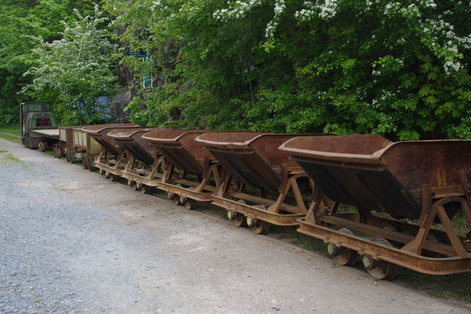 tschechische Kipploren der Vereinsmitglieder ,links davon Säureloren und Bruckwagen der Papierfabriksbahn