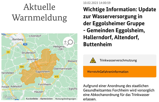 Amtliche Warnmeldung Trinkwasserverunreinigung Eggolsheim
