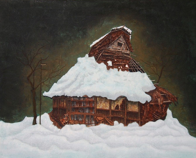 "Lonely house"  Pigment from rocks on Japanese traditional paper  72.7×91cm   2014