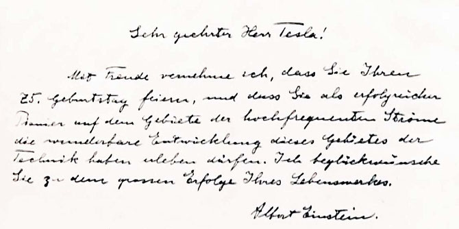 Letter from Albert Einstein to commemorate Tesla’s 75th birthday, 1931