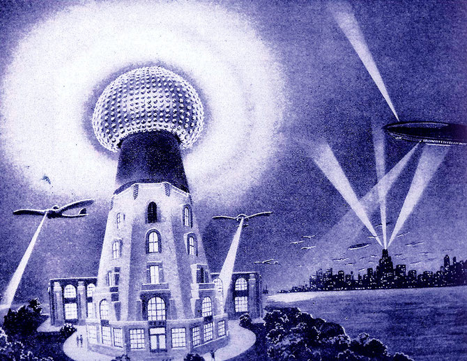 Tesla's system of transmission of power to aircraft by radio. Illustrated by Frank Paul for Radio News, December 1925. (Click on to enlarge)