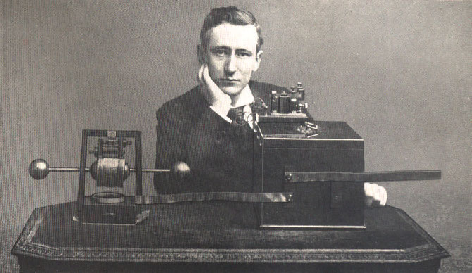 Marconi pictured in 1896 with an early Spark Gap transmitter and receiver that could send and receive Morse Code