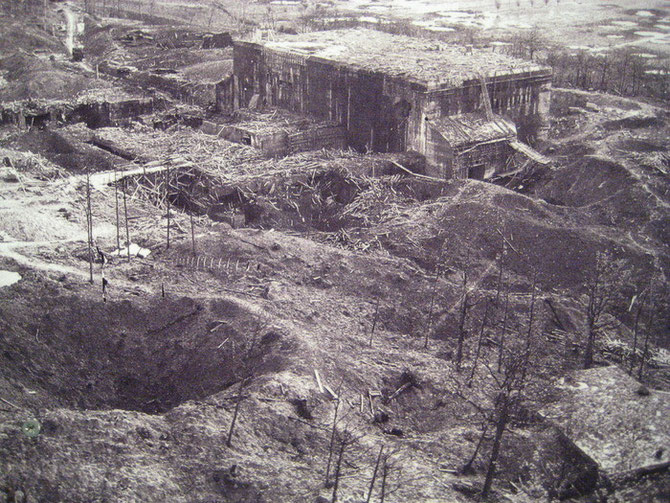Aerial view of the heavily bombed bunker - Blockhaus d'Éperlecques - Open to the public since 1973 and listed "Ancient Memorials" in 1985.