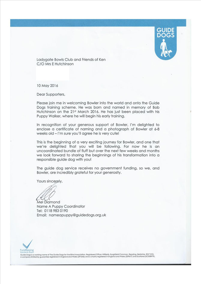 A covering letter from Guide dogs, weloming Bowler and enclosing above birth certificate