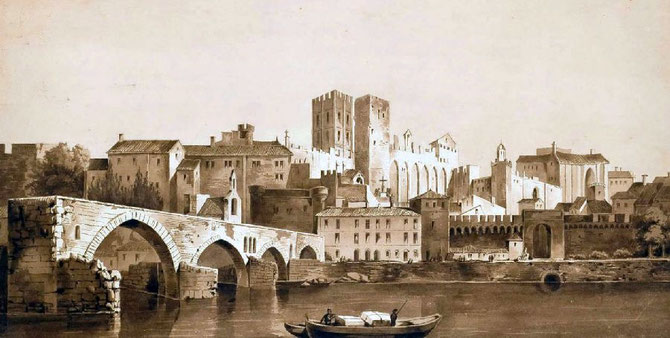 AVIGNON. (VAUCLUSE). VUE DU PALAIS DES PAPES par LOUIS-GABRIEL-EUGENE  ISABEY (1803-1886)