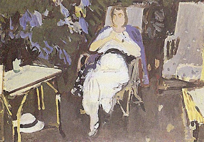 1932. MME EUGENE MORAND DANS SON JARDIN (née Marie-Louise CHARRIER 1867 + 1947) huile sur toile 65X83cm. Signé en bas à g. LEGUEULT.