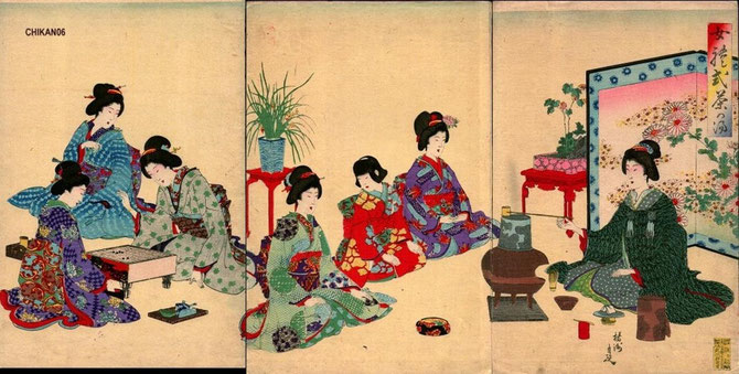 Toyohara CHIKANOBU (1838-1912). SCENES DE LA VIE QUOTIDIENNE. BELLES FEMMES, COIFFURE OCCIDENTALE, MAQUILLAGE.