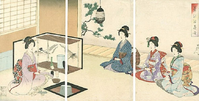 Toyohara CHIKANOBU ( 26 SEPT.1838- 29 SEPT.1912), UN DES DERNIERS MAÎTRES DE L'ESTAMPE. CEREMONIE DU THE de la série "ETIQUETTES ET MANIERES". TRANSITION ENTRE L'UKIYO-E ET LE SHIN-HANGA. NOM D'ARTISTE : YOSHI CHINAKOBU. VRAI NOM : HASHIMOTO NAOYOSHI.