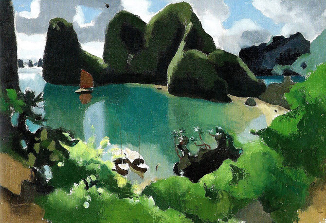 LA BAIE D'HALONG. HUILE SUR TOILE 38 X 55 cm. COLLECTION PRIVEE