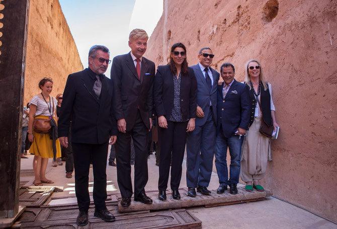 MB5. 27 FEVRIER 2014. PALAIS EL BADII. g à dte. AMINE KABBAJ, L' AMBASSADEUR DE GRANDE-BRETAGNE, MR. CLIVE ALBERTON, MME MANSSOURI MAIRE DE MARRAKECH, LE WALI DE MARRAKECH, MEHDI QOTBI, VANESSA BRANSON.  