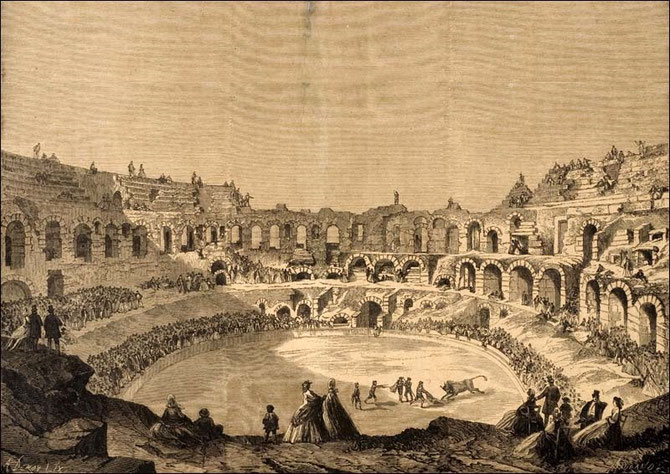 NÎMES 1853. LA 1ère CORRIDA DANS LES ARENES RASSEMBLA PRES DE 30.000 SPECTATEURS.  LA MISE à MORT DU 2è TAUREAU  FUT UNE TELLE BOUCHERIE QU'IL FALLUT ATTENDRE 10 ANS POUR VOIR UNE 2è CORRIDA  EN 1863 (ANNEE OUVERTURE LIBRAIRIE OLLE).  C* nemausensis 