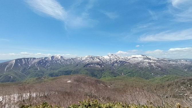滝ノ上三ツ石登山口から三ツ石山荘までパトロール。奥産道分岐から少し登った岩場の展望台より烏帽子岳（乳頭山）方面を望む。残雪、新緑、青空が気持ちよし。2026/5/7撮影