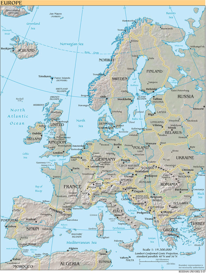 Physical & political map of Europe (PD-US)