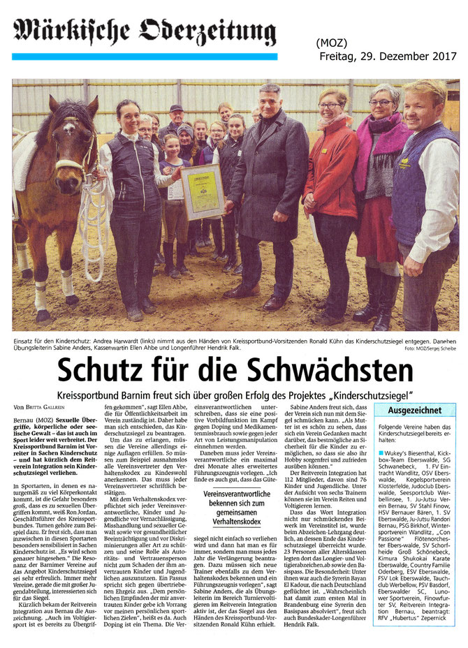 Der RVI erhält das Kinderschutzsiegel, dieser Artikel erschien am 29.12.2017 in der MOZ