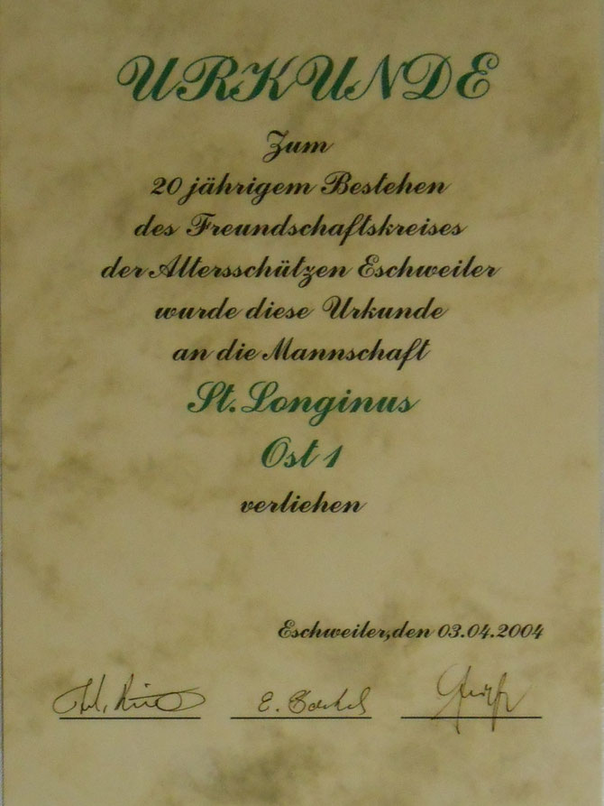Urkunde zum 20 - jährigen Bestehen des Freundschaftskreises im Jahr 2004 unter Gruppenleiter Johann Reinartz