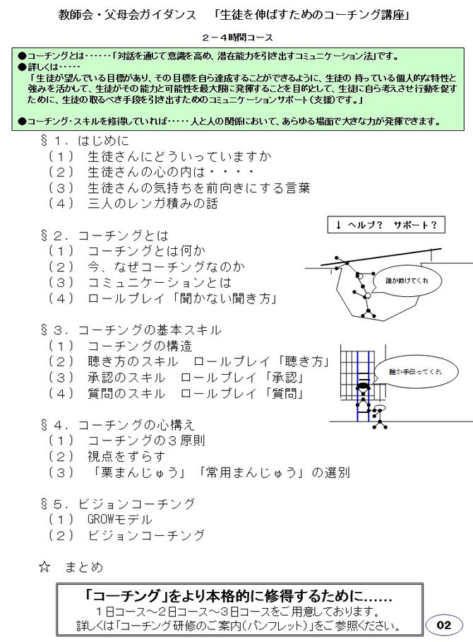 コーチングとは「対話を通じて意識を高め、潜在能力を引き出すコミュニケーション法」です。「相手が望んでいる目標があり、その目標を自ら達成することができるように、相手の持っている個人的な特性と 強みを活かして、相手がその能力と可能性を最大限に発揮することを目的として、相手を自ら考えさせ行動を促す ために、相手の取るべき手段を引き出すためのコミュニケーションサポート（支援）」です。 人と人の関係において、あらゆる場面で大きな力が発揮できます。