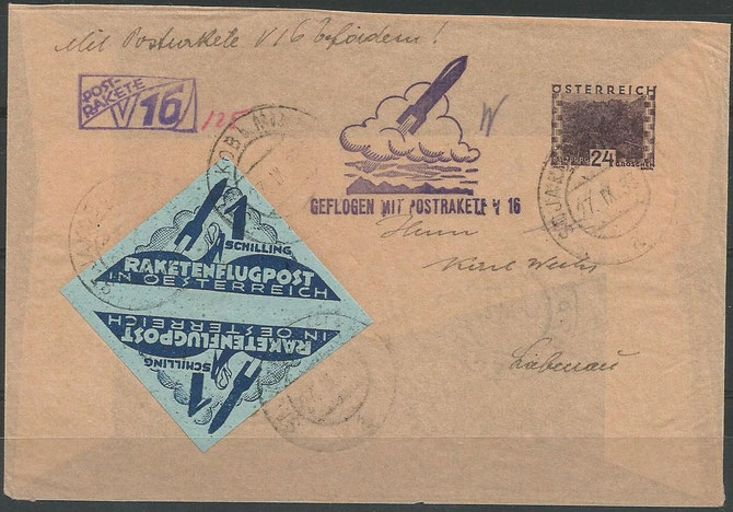 Postrocket "V16" Friedrich Schmiedl, 27.9.1933 from Hochlantsch to St.Jakob, 24g landscapstamp and 1S. rocketvignette as pair inverted, chamois paper, 11 flown items are known