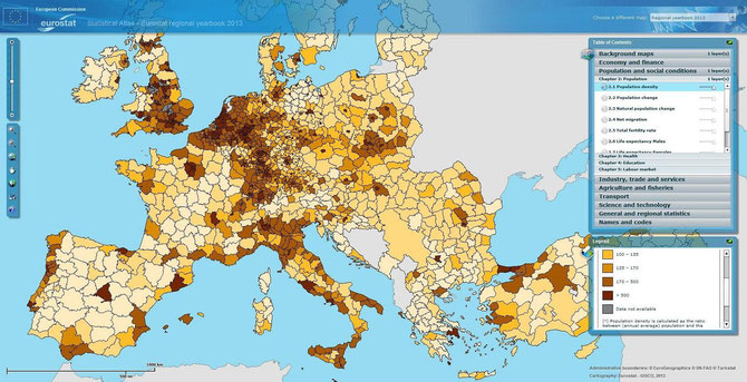 Mapa de densidad de población por provincias en Europa.