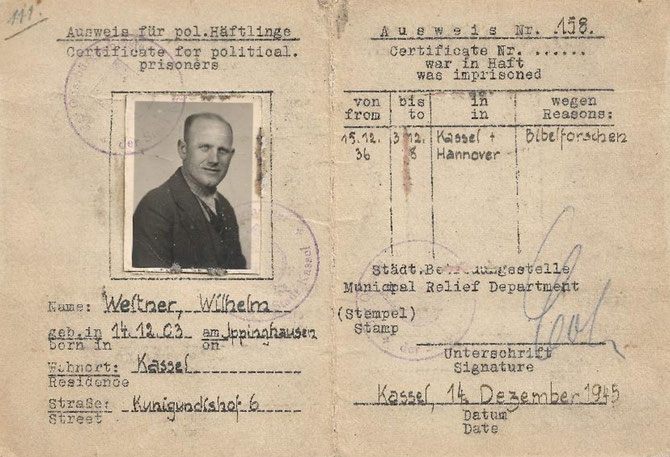 Nachkriegsausweis Wilhelm Weltners für politische Häftlinge (Privatbesitz Familie Munde)
