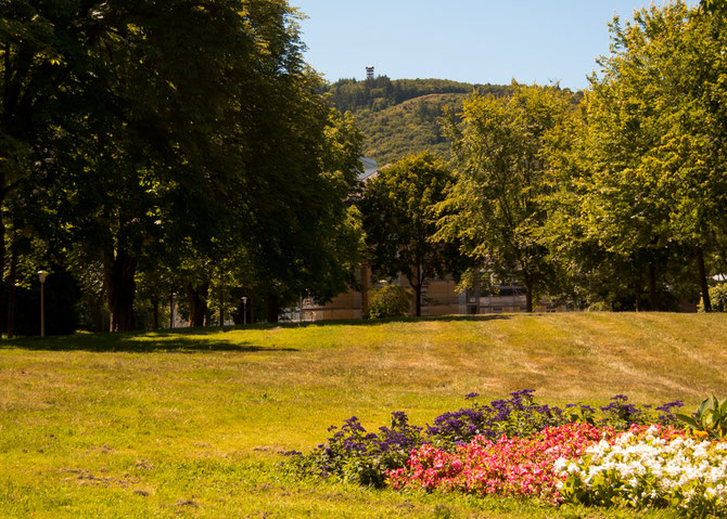 Oben auf den Hunsrückhöhen kann man schon den 27 m hohen Aussichtsturm vom Kurpark aus ausmachen..
