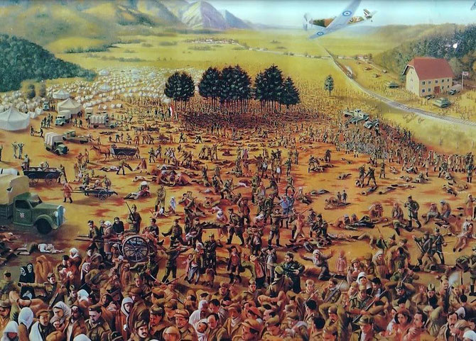 Slika prikazuje zarobljene civile,ustaše,domobrane nad kojima kruže engleski zrakoplovi spremni za dejstvo po živoj sili