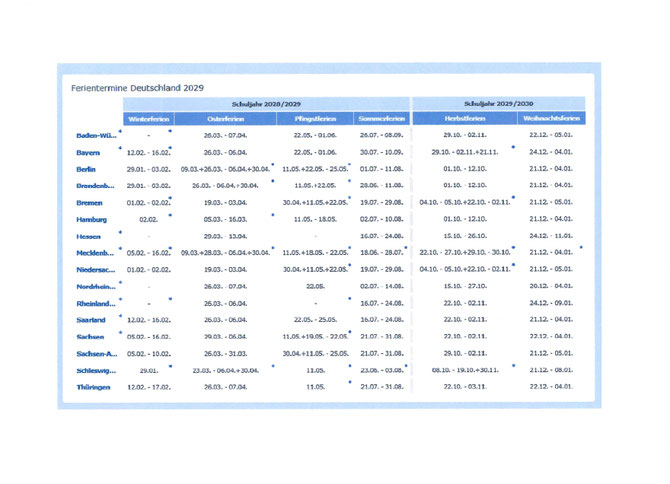 Kalender 2029/2030