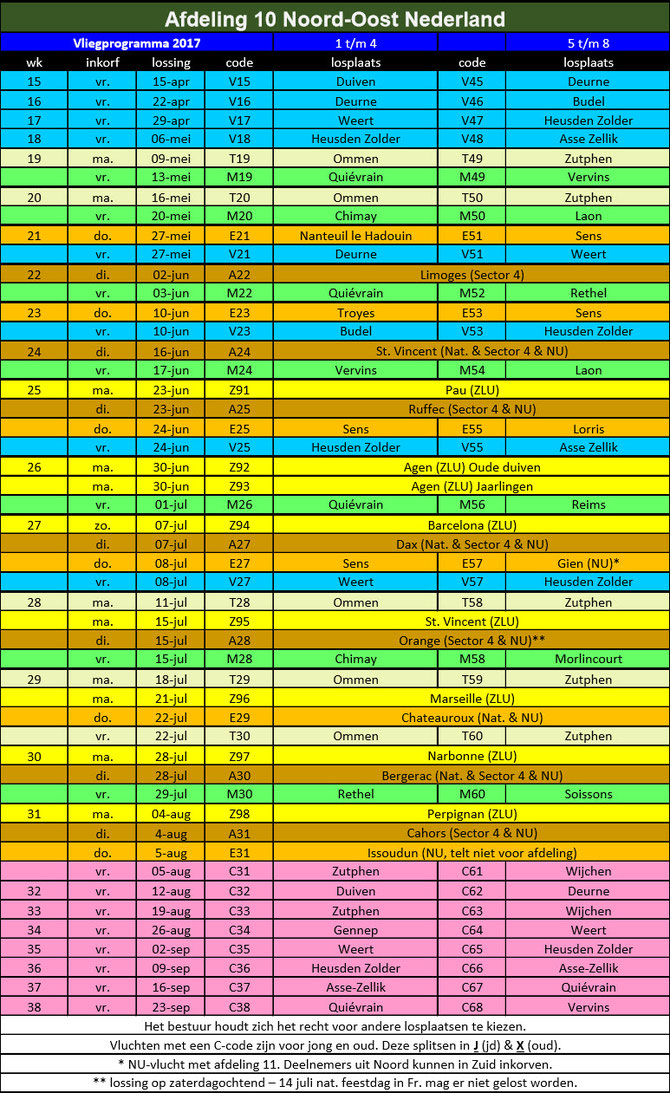 Vliegprogramma afdeling 10 vanaf 13-04-2017