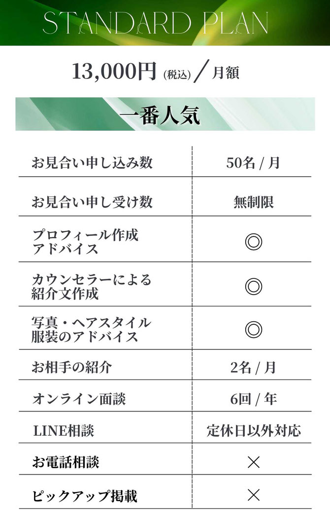 福岡天神で人気の結婚相談所MASHIROの料金プラン スタンダードプラン サポート内容詳細