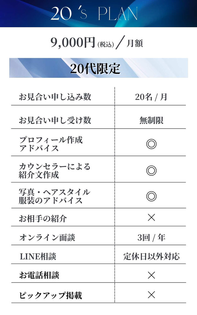 福岡天神で人気の結婚相談所MASHIROの料金プラン 20代プラン サポート内容詳細