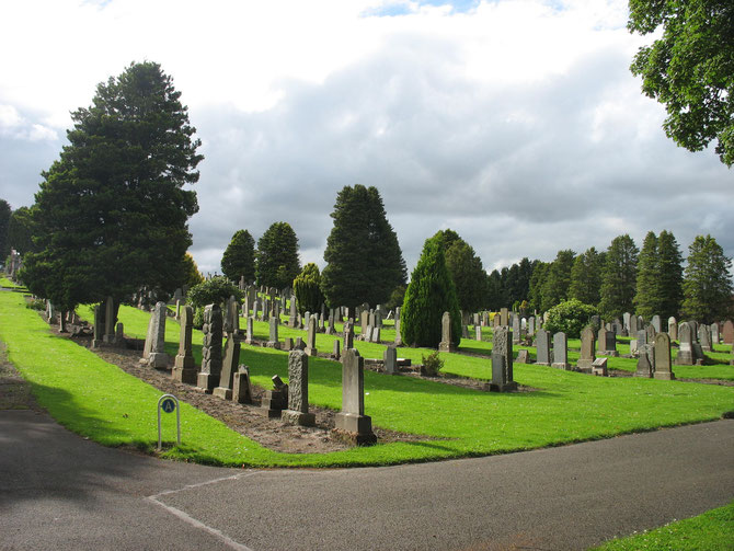 Location of grave of James Wanless and Mary Ann Campbell in Section A of Parochial 2 area of Jeanfield cemetery, Perth.  Grave is immediately to right of second stone up (Turner) in second row of stones from left facing the camera. Photo taken 9 Aug 2015.