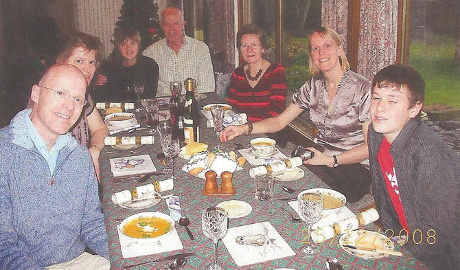 Christmas dinner 2008, Shalla-ree, Errol, photo taken by Ravi Cabral. All three children and the two grandchildren of Scot and Eleanor Symon. Left to right: Peter and Linda Symon, Duncan Cabral, Scot and Eleanor Symon, Alison Symon and Louis Cabral. 