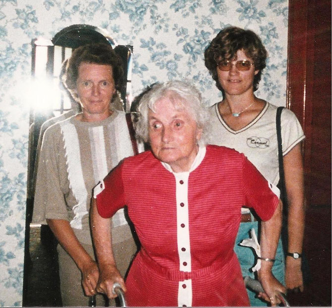Ella Swanney, aged 86 years, August 1984, with Eleanor & Linda Symon.  Photographer unknown: personal archive of Eleanor Symon. 