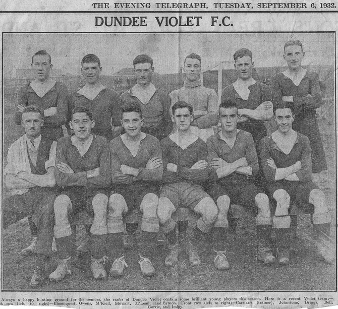 A press photo of David Symon (back right) in the Dundee Violet Junior F.C. team in 1932, when he was 19 or 20 years old. 