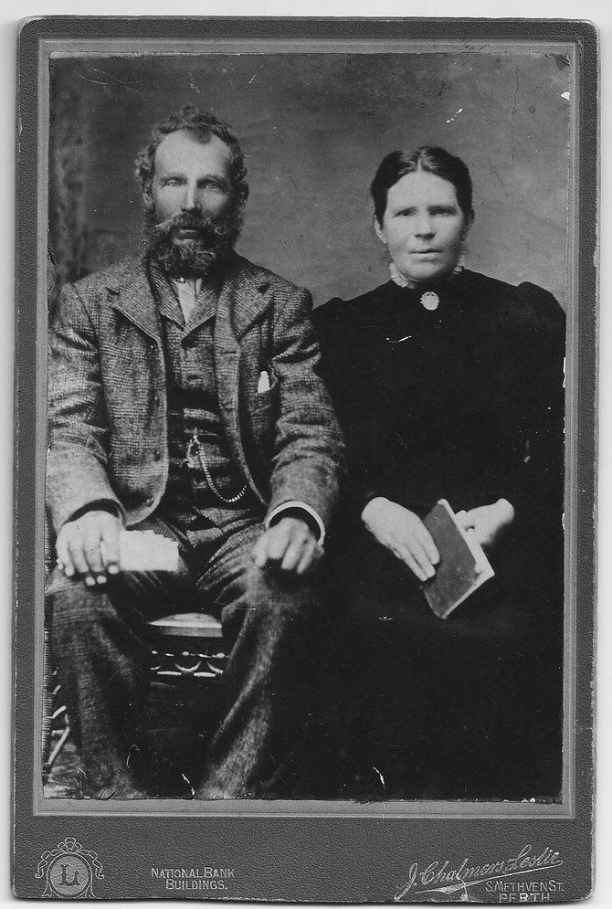 James Wanless and Mary Ann Campbell or Wanless, his wife.  Written on back: "Mrs Wanless  Mains  Inchture"  and "As it is".  From archives of J. Scot Symon, Errol. Digital reproduction of card-mounted photo by J. Chalmers Leslie, S. Methven St, Perth. 