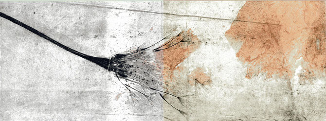 incisione originale a doppia pagina di Elisbetta Diamanti con interventi in grafite - 20x53 cm