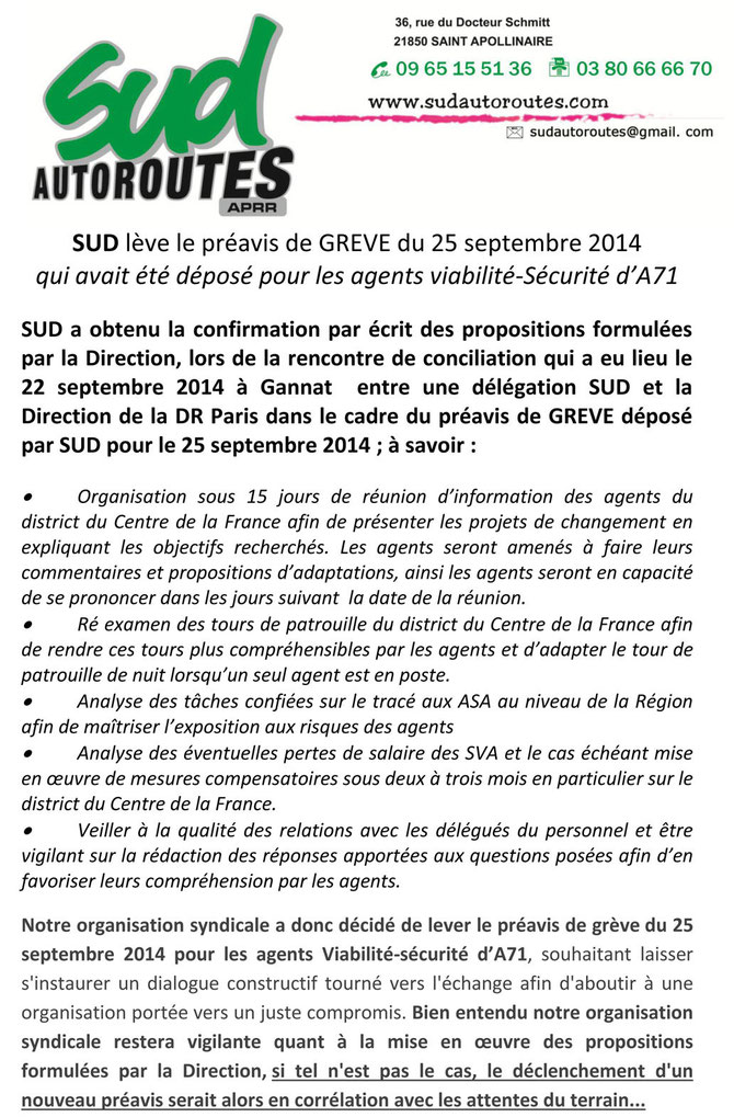 Levée du préavis de grève