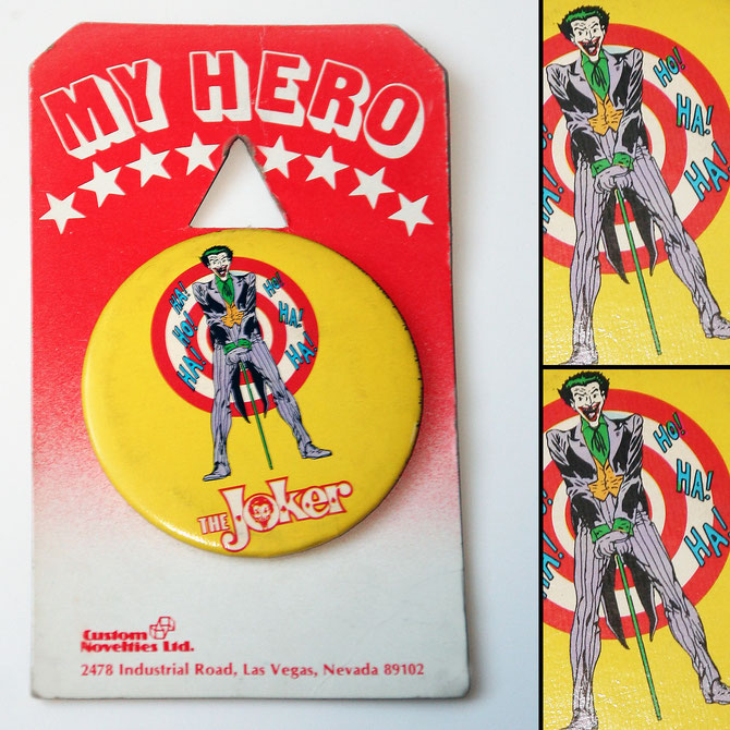 "My Hero" Joker button from the 1970s. On card.