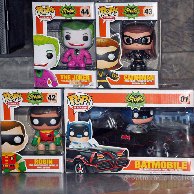 The Batman '66 classic TV series set of Funko Pop! vinyl figures, including the Batmobile.