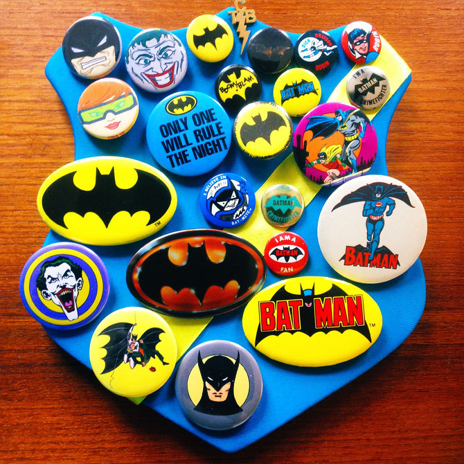 Various Batman buttons from 1966-2015. Some of them are custom made.