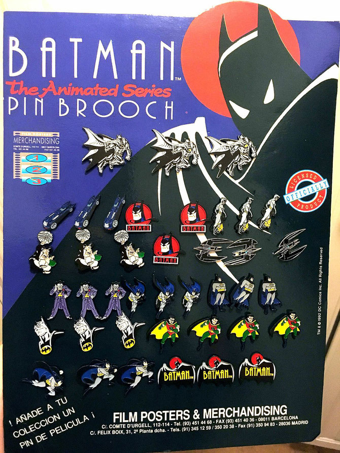 A full display with 40 original pins from 1992 - Batman the Animated Series and Batman Returns.