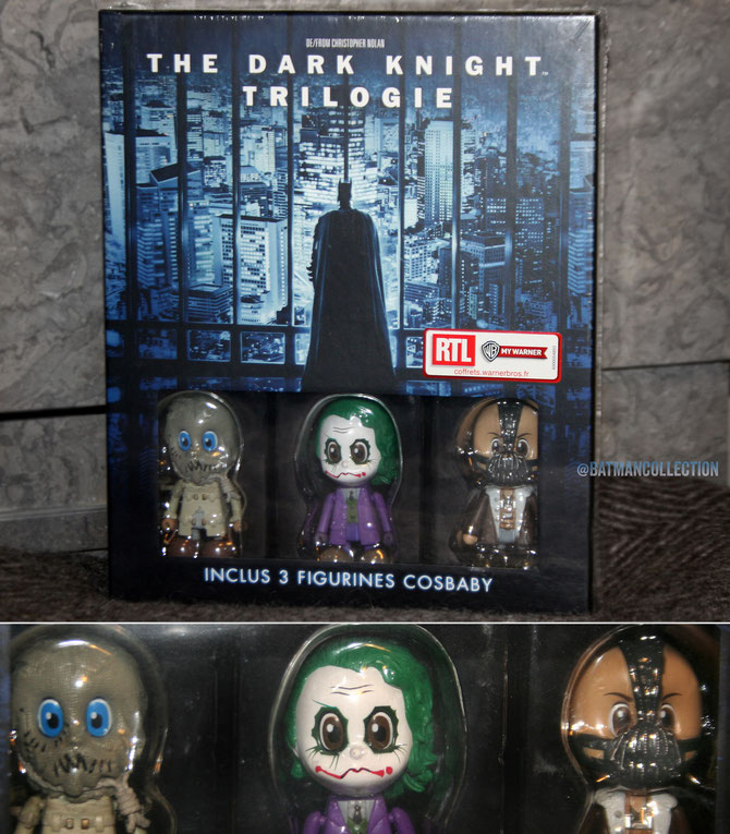 The Dark Knight Trilogy (Trilogie = it's a French editon). With three Cosbaby figurines: Scarecrow, Joker, Bane