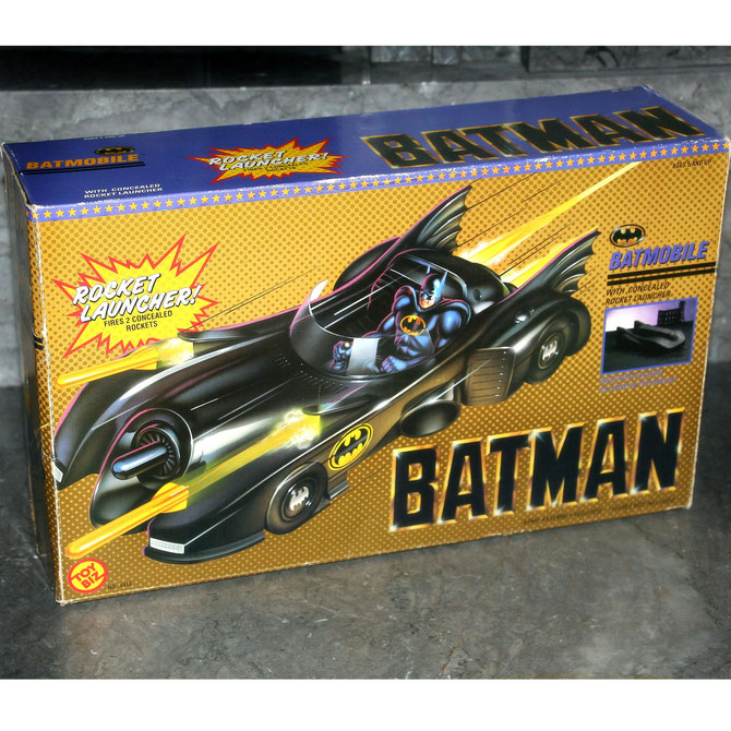 Batmobile toy vehicle from 1989, by Toy Biz. With cocoon armor included. Complete in box.