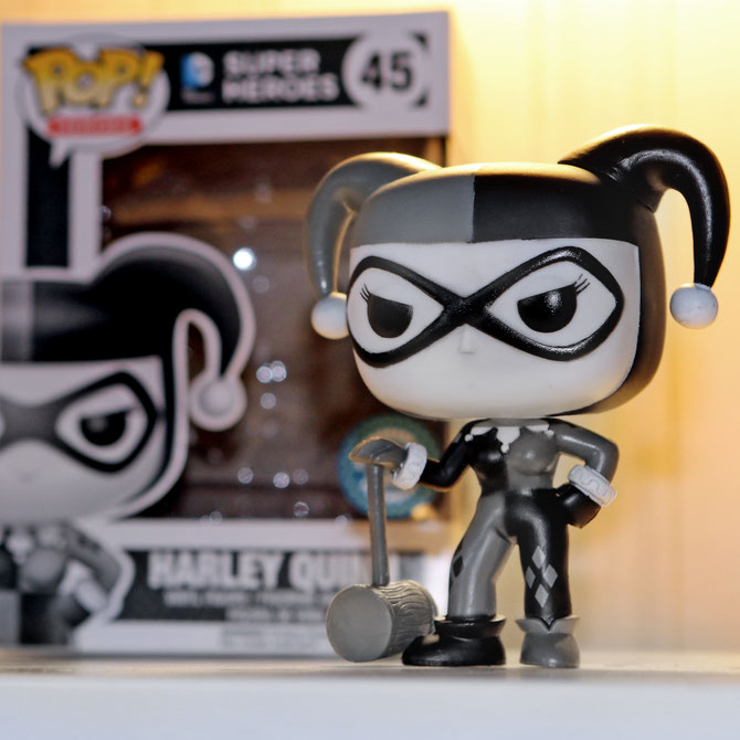 Harley Quinn with mallet, Funko Pop vinyl figure, black & white variant. A Hot Topic exclusive