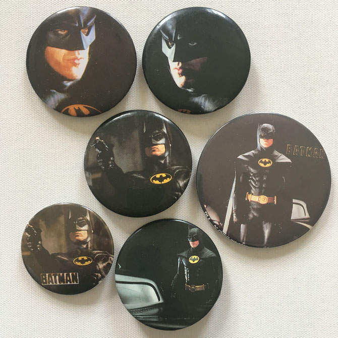 Michael Keaton as Batman, on Pin back buttons from 1989. Various brands.